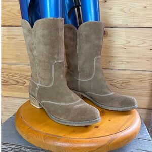 American Eagle Outfitters Brown Suede Mid Calf Western Boots Brogue Detail 9